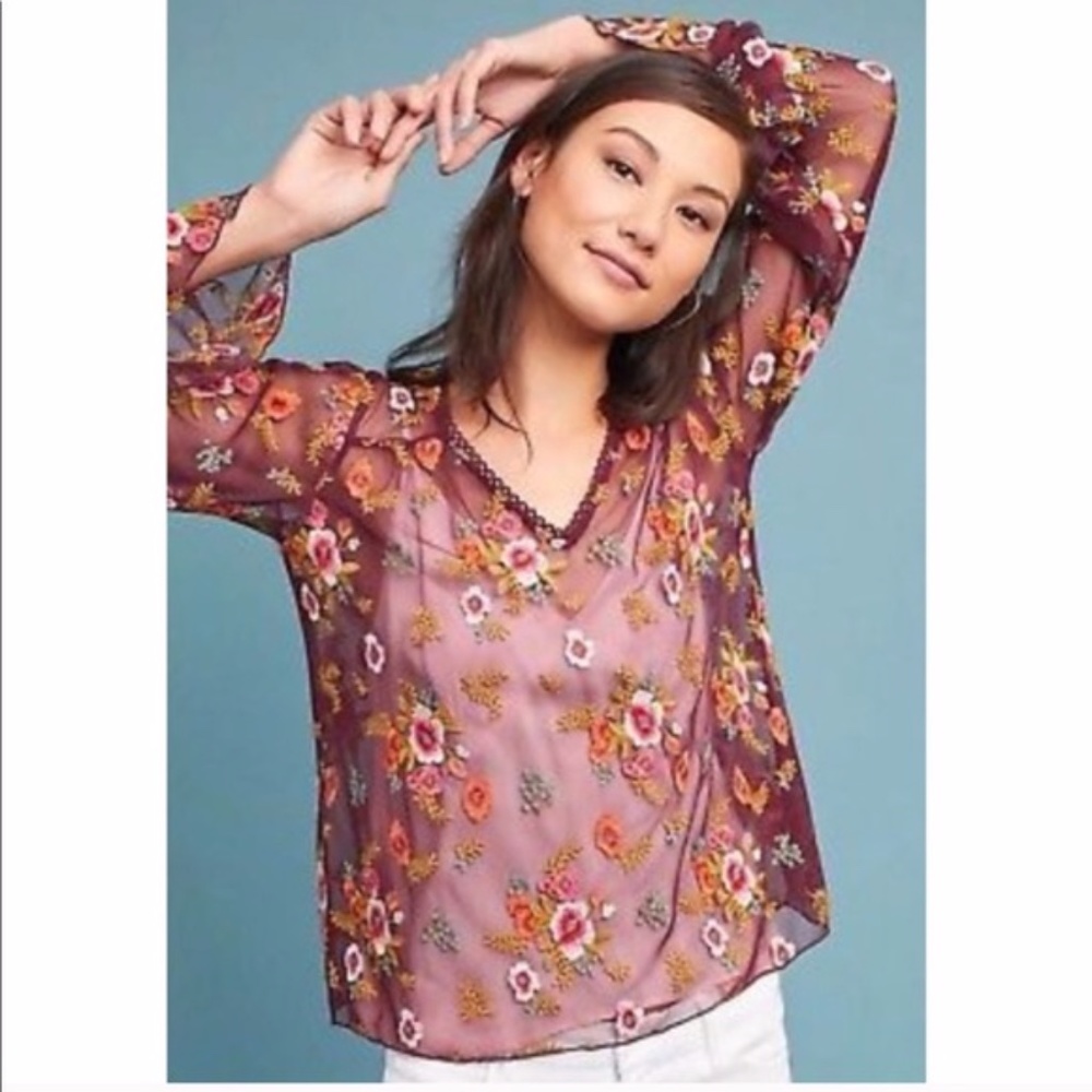Feather Bone Giralda Floral Embroidered Sheer Top